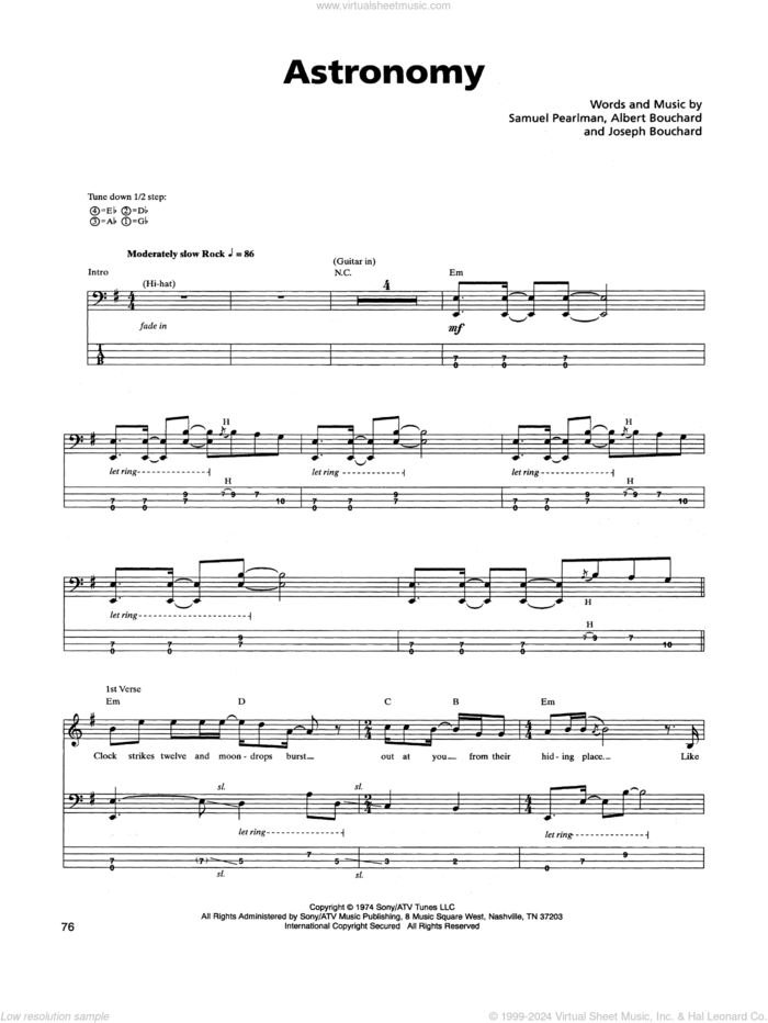Astronomy sheet music for bass (tablature) (bass guitar) by Blue Oyster Cult, Albert Bouchard, Joseph Bouchard and Samuel Pearlman, intermediate skill level