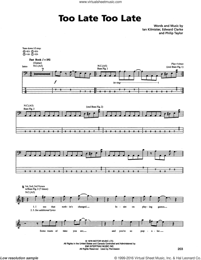 Too Late Too Late sheet music for bass (tablature) (bass guitar) by Metallica, Edward Clarke, Ian Kilmister and Philip Taylor, intermediate skill level
