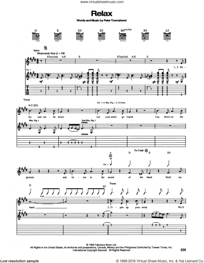 Relax sheet music for guitar (tablature) by The Who and Pete Townshend, intermediate skill level