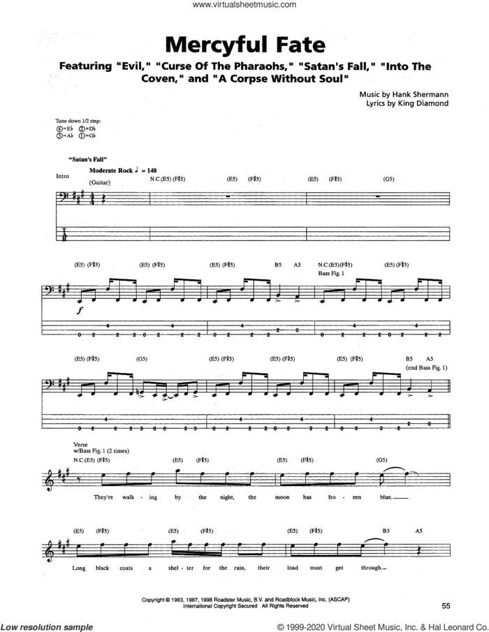 Mercyful Fate sheet music for bass (tablature) (bass guitar) by Metallica, Hank Shermann and King Diamond, intermediate skill level