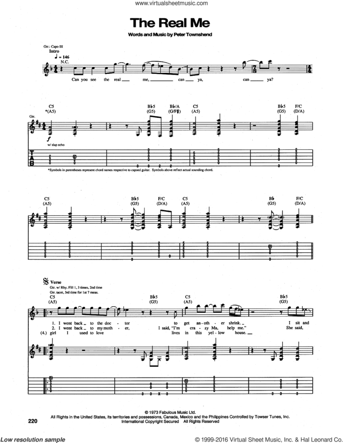 The Real Me sheet music for guitar (tablature) by The Who and Pete Townshend, intermediate skill level