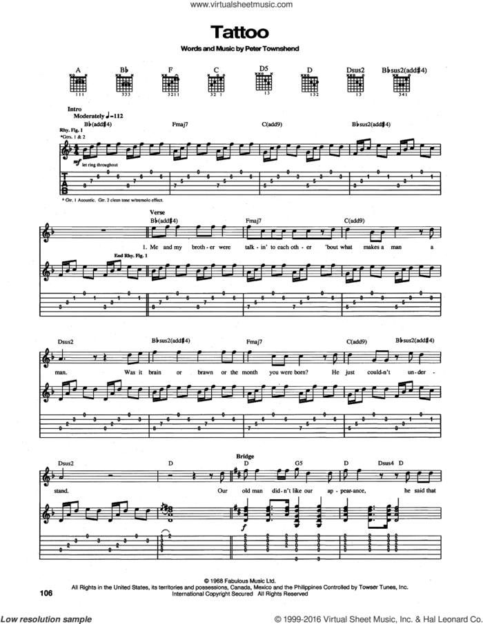 Tattoo sheet music for guitar (tablature) by The Who and Pete Townshend, intermediate skill level