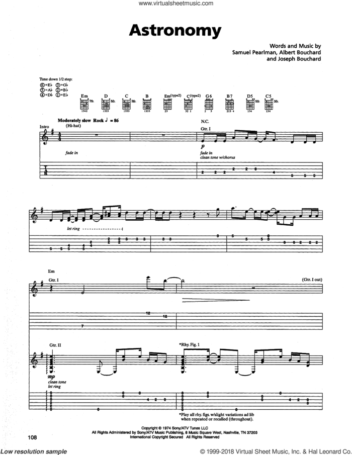 Astronomy sheet music for guitar (tablature) by Metallica, Blue Oyster Cult, Albert Bouchard, Joseph Bouchard and Samuel Pearlman, intermediate skill level