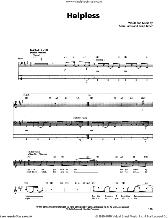 Helpless sheet music for bass (tablature) (bass guitar) by Metallica, Brian Tatler and Sean Harris, intermediate skill level