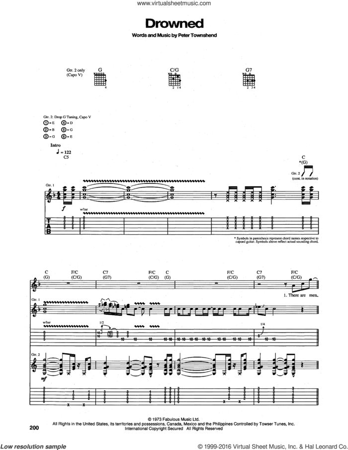 Drowned sheet music for guitar (tablature) by The Who and Pete Townshend, intermediate skill level