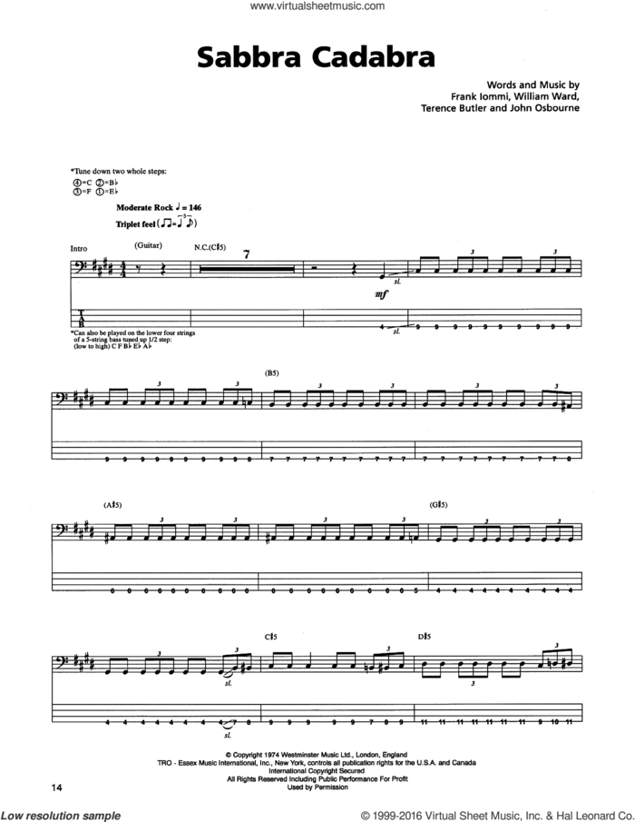 Sabbra Cadabra sheet music for bass (tablature) (bass guitar) by Metallica, Black Sabbath, Frank Iommi, John Osbourne, Terence Butler and William Ward, intermediate skill level