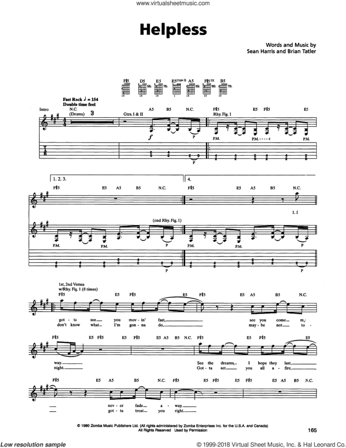 Helpless sheet music for guitar (tablature) by Metallica, Brian Tatler and Sean Harris, intermediate skill level