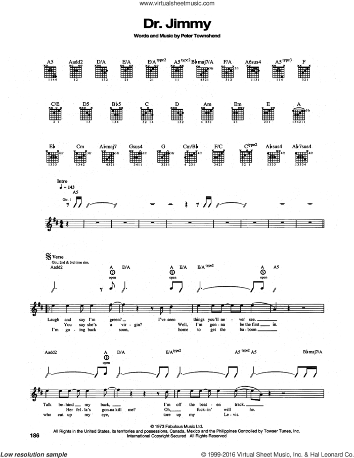 Dr. Jimmy sheet music for guitar (tablature) by The Who and Pete Townshend, intermediate skill level