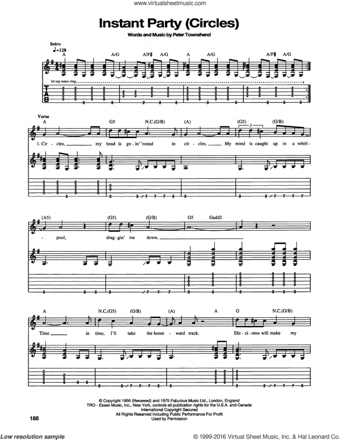 Instant Party (Circles) sheet music for guitar (tablature) by The Who and Pete Townshend, intermediate skill level