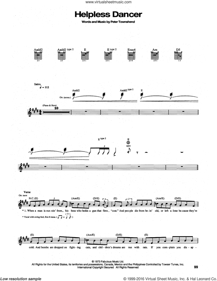 Helpless Dancer sheet music for guitar (tablature) by The Who and Pete Townshend, intermediate skill level