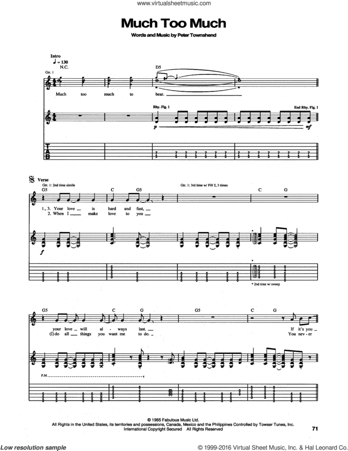 Much Too Much sheet music for guitar (tablature) by The Who and Pete Townshend, intermediate skill level