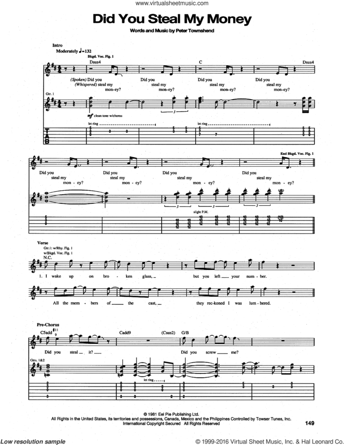 Did You Steal My Money sheet music for guitar (tablature) by The Who and Pete Townshend, intermediate skill level