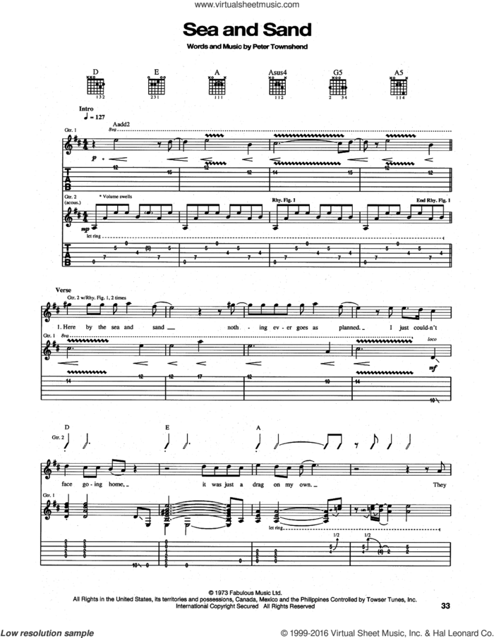 Sea And Sand sheet music for guitar (tablature) by The Who and Pete Townshend, intermediate skill level