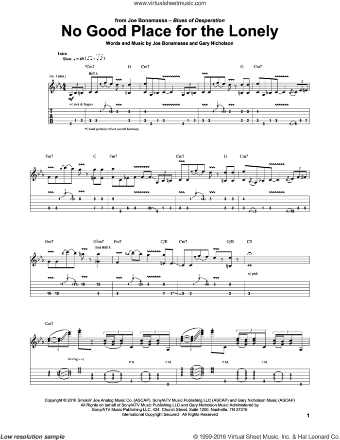 No Good Place For The Lonely sheet music for guitar (tablature) by Joe Bonamassa and Gary Nicholson, intermediate skill level