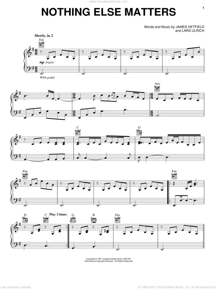 Nothing Else Matters sheet music for voice, piano or guitar by Metallica, James Hetfield and Lars Ulrich, intermediate skill level