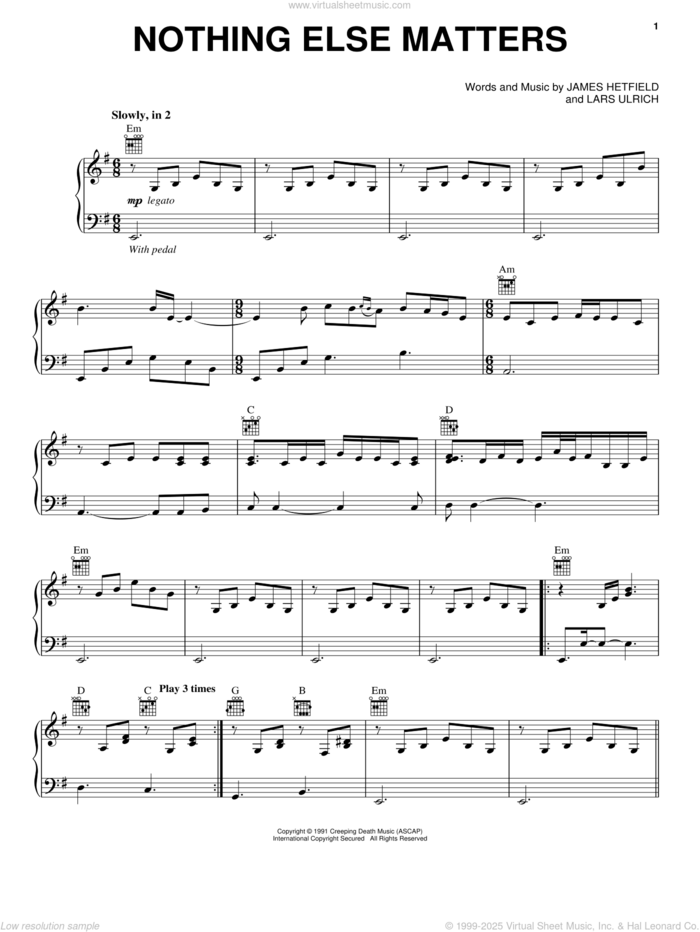 Nothing Else Matters sheet music for voice, piano or guitar by Metallica, James Hetfield and Lars Ulrich, intermediate skill level