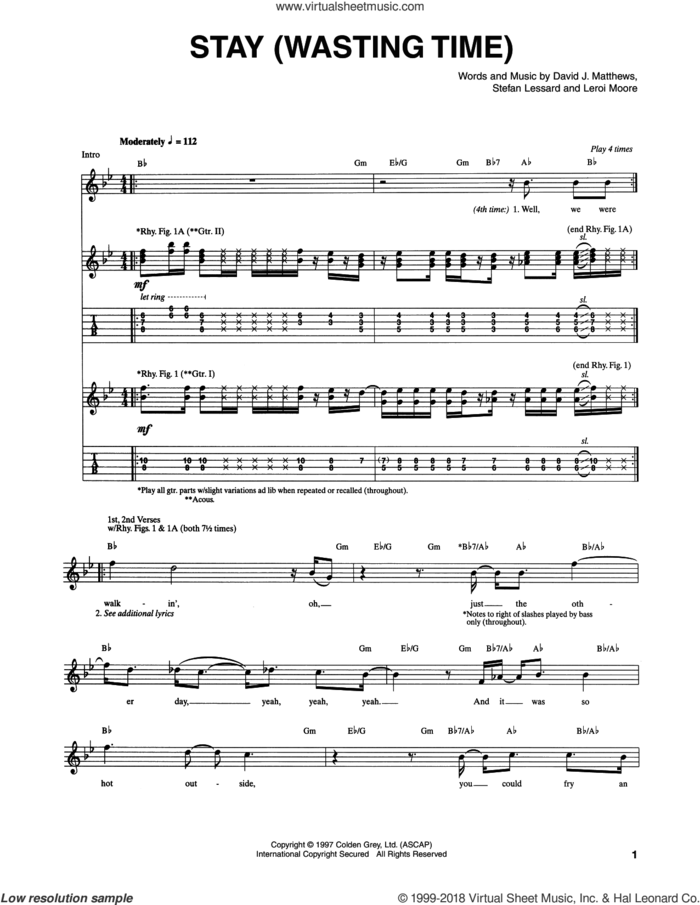 Stay (Wasting Time) sheet music for guitar (tablature) by Dave Matthews Band, Leroi Moore and Stefan Lessard, intermediate skill level