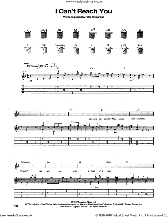 I Can't Reach You sheet music for guitar (tablature) by The Who and Pete Townshend, intermediate skill level
