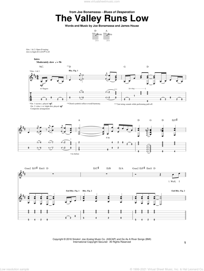 The Valley Runs Low sheet music for guitar (tablature) by Joe Bonamassa and James House, intermediate skill level