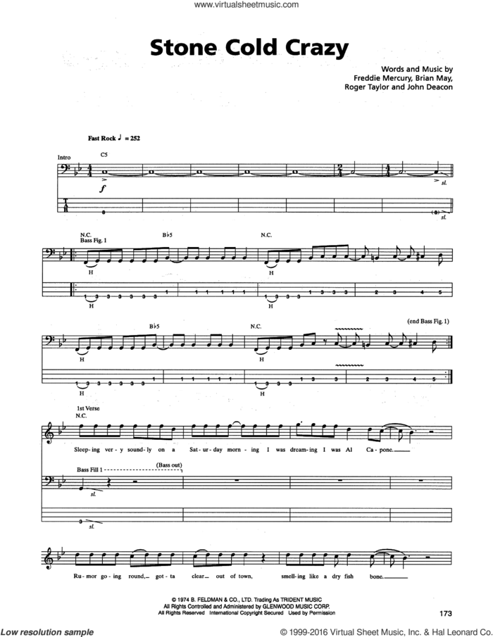Stone Cold Crazy sheet music for bass (tablature) (bass guitar) by Metallica, Queen, Brian May, Freddie Mercury, John Deacon and Roger Taylor, intermediate skill level