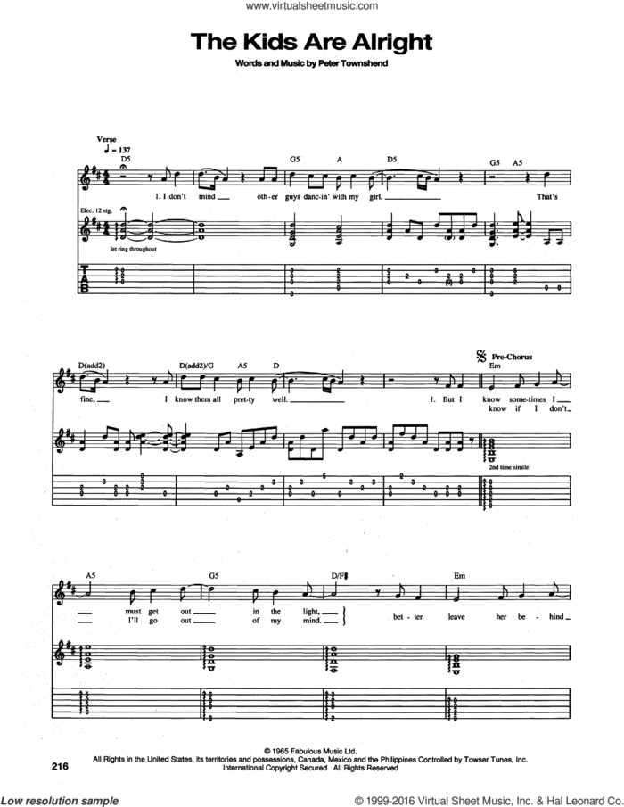 The Kids Are Alright sheet music for guitar (tablature) by The Who and Pete Townshend, intermediate skill level