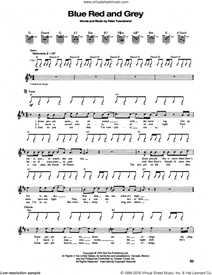 Blue Red And Grey sheet music for guitar (tablature) by The Who and Pete Townshend, intermediate skill level