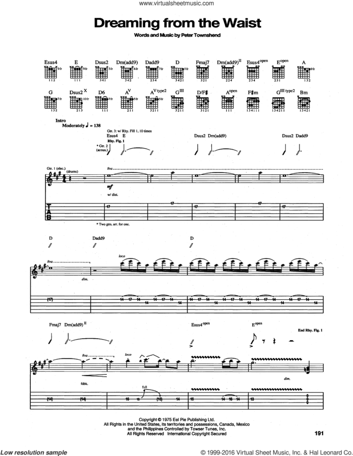 Dreaming From the Waist sheet music for guitar (tablature) by The Who and Pete Townshend, intermediate skill level