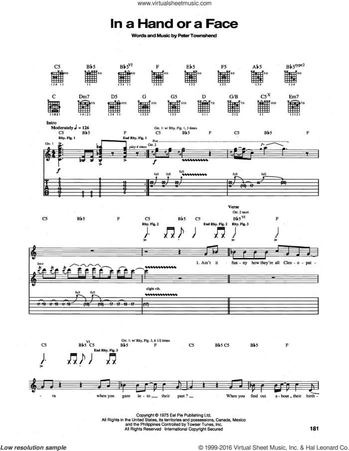 In A Hand Or A Face sheet music for guitar (tablature) by The Who and Pete Townshend, intermediate skill level