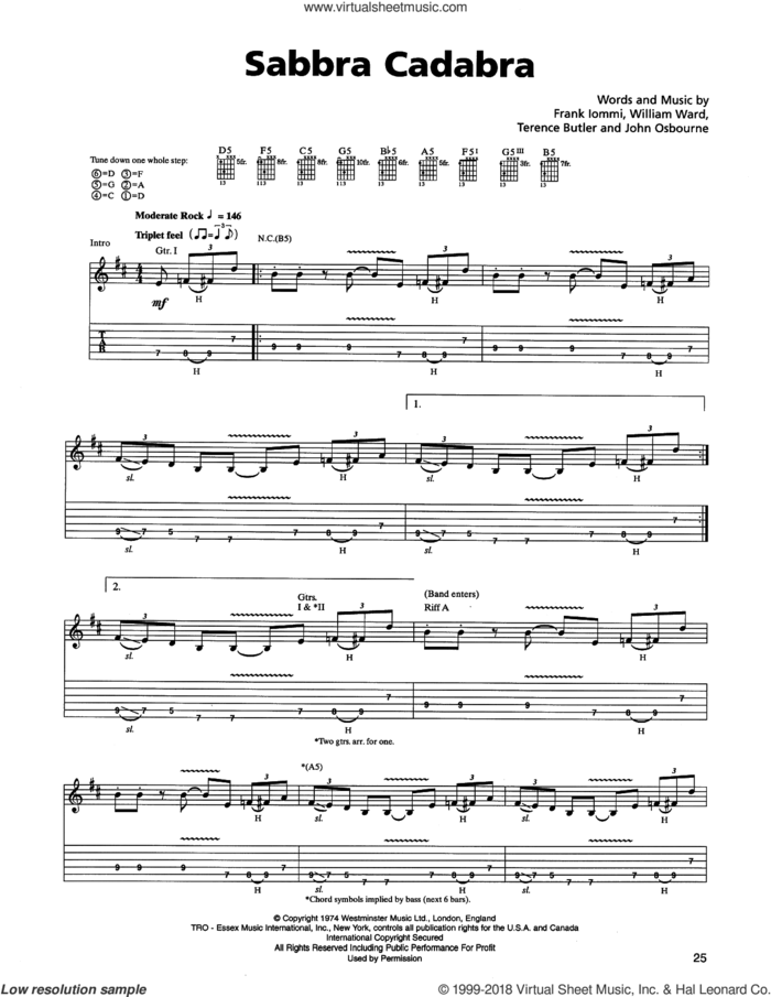 Sabbra Cadabra sheet music for guitar (tablature) by Metallica, Black Sabbath, Frank Iommi, John Osbourne, Terence Butler and William Ward, intermediate skill level