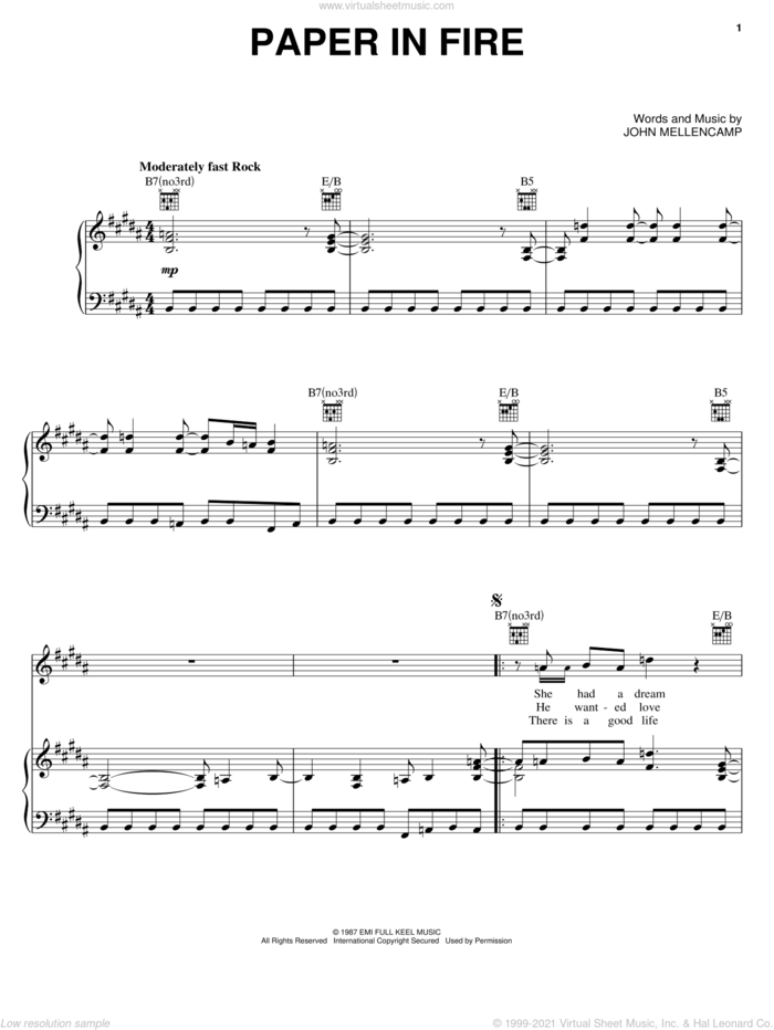 Paper In Fire sheet music for voice, piano or guitar by John Mellencamp, intermediate skill level