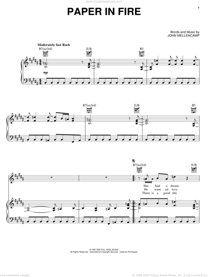 Paper In Fire sheet music for voice, piano or guitar by John Mellencamp, intermediate skill level