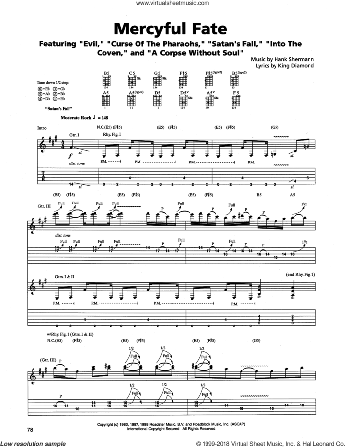 Mercyful Fate sheet music for guitar (tablature) by Metallica, Hank Shermann and King Diamond, intermediate skill level