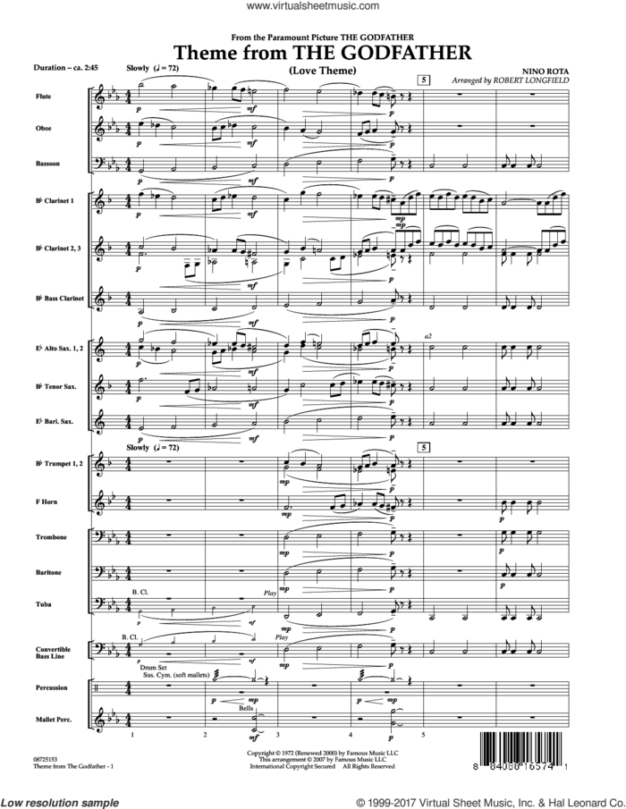 Theme From The Godfather (COMPLETE) sheet music for concert band by Robert Longfield and Nino Rota, classical score, intermediate skill level