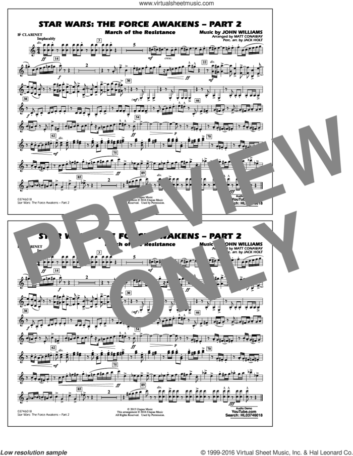 Star Wars: The Force Awakens, part 2 sheet music for marching band (Bb clarinet) by John Williams and Matt Conaway, classical score, intermediate skill level