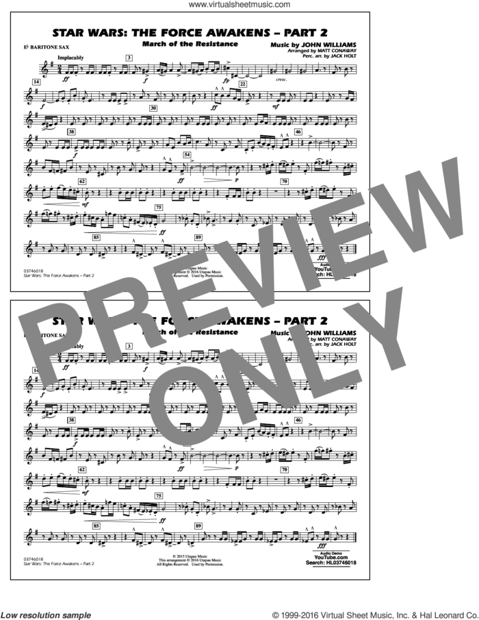 Star Wars: The Force Awakens, part 2 sheet music for marching band (Eb baritone sax) by John Williams and Matt Conaway, classical score, intermediate skill level