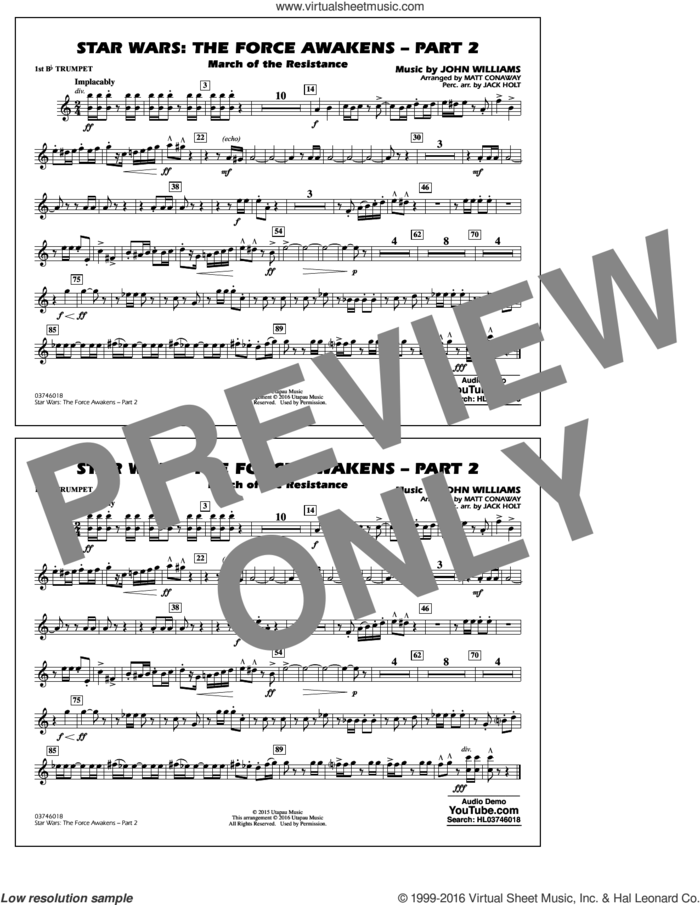 Star Wars: The Force Awakens, part 2 sheet music for marching band (1st Bb trumpet) by John Williams and Matt Conaway, classical score, intermediate skill level