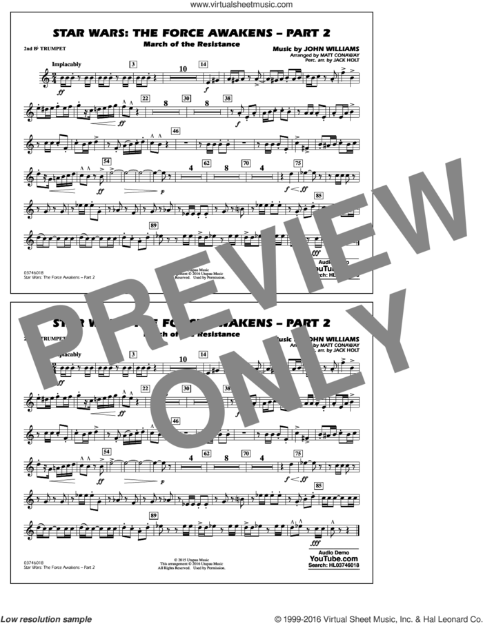 Star Wars: The Force Awakens, part 2 sheet music for marching band (2nd Bb trumpet) by John Williams and Matt Conaway, classical score, intermediate skill level