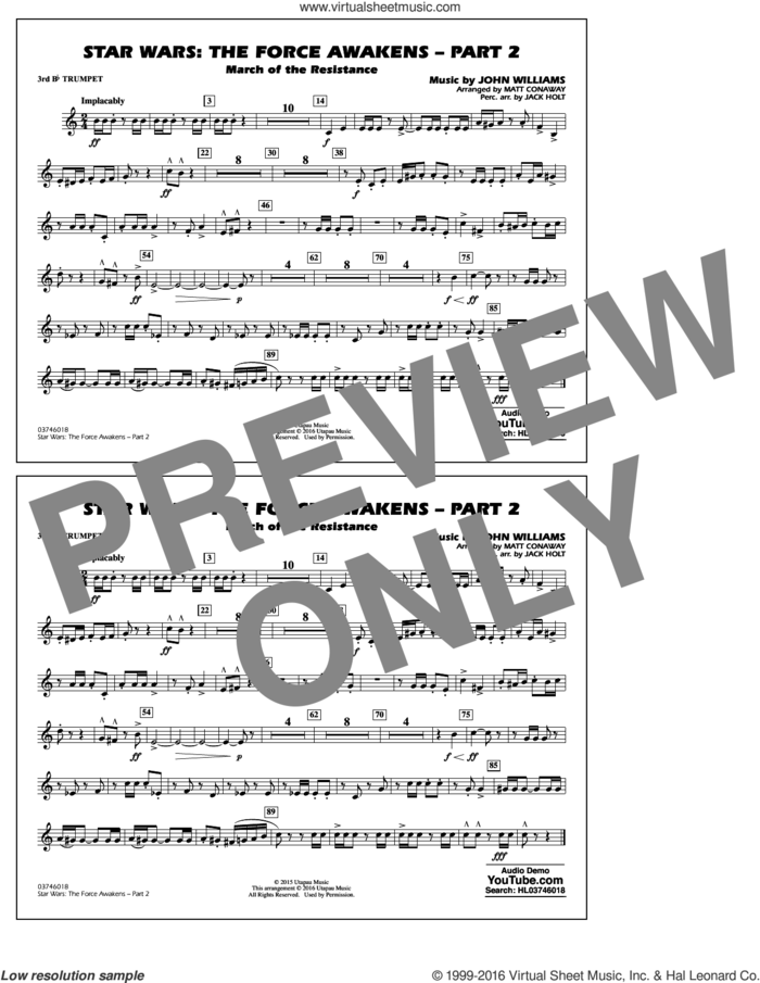 Star Wars: The Force Awakens, part 2 sheet music for marching band (3rd Bb trumpet) by John Williams and Matt Conaway, classical score, intermediate skill level