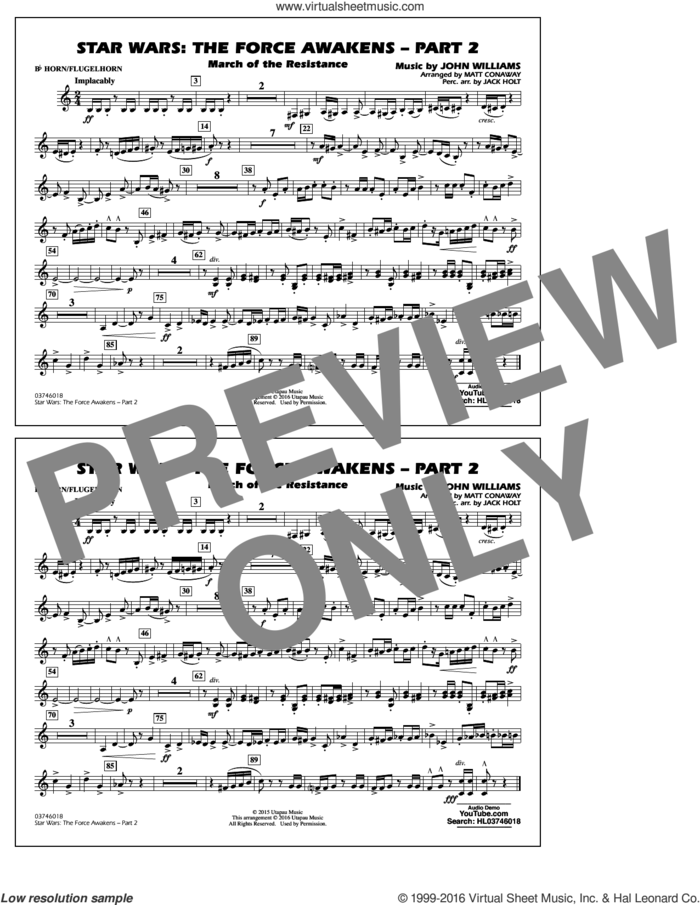 Star Wars: The Force Awakens, part 2 sheet music for marching band (Bb horn/flugelhorn) by John Williams and Matt Conaway, classical score, intermediate skill level