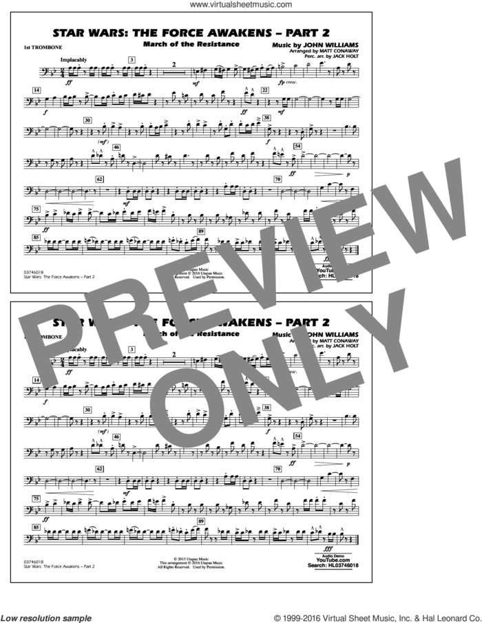 Star Wars: The Force Awakens, part 2 sheet music for marching band (1st trombone) by John Williams and Matt Conaway, classical score, intermediate skill level