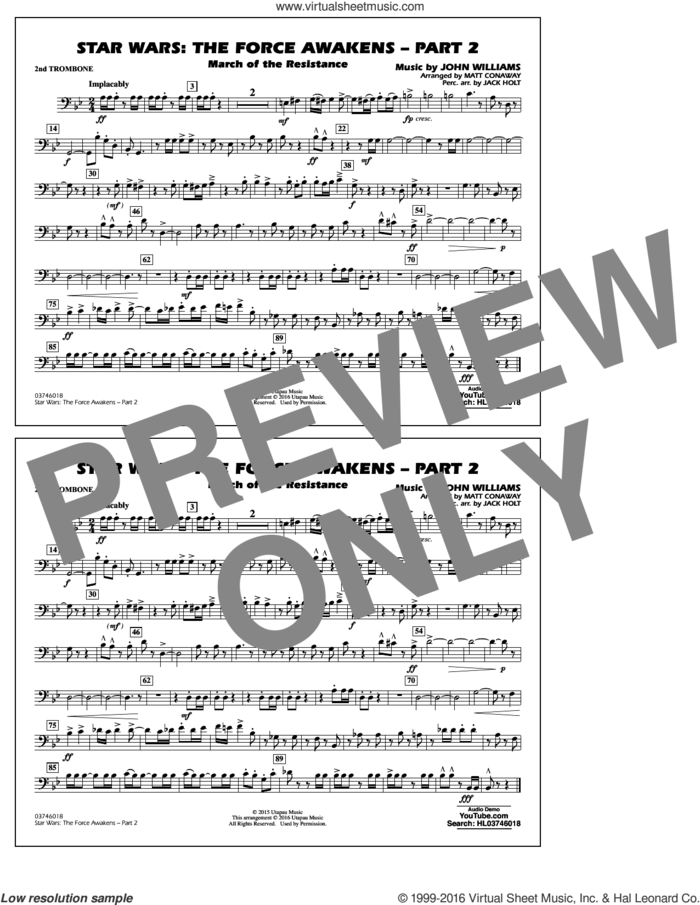 Star Wars: The Force Awakens, part 2 sheet music for marching band (2nd trombone) by John Williams and Matt Conaway, classical score, intermediate skill level