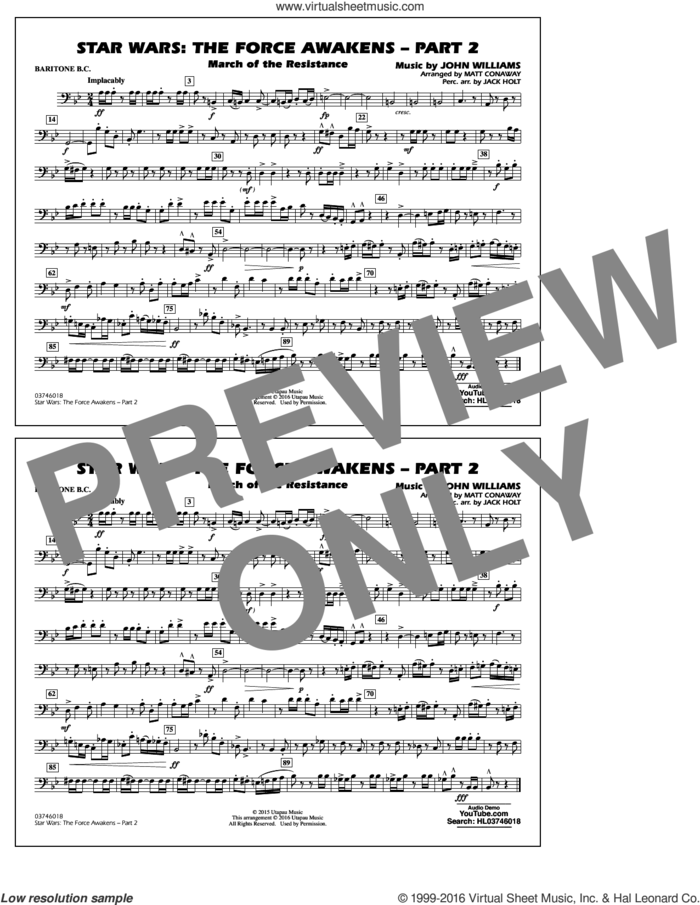 Star Wars: The Force Awakens, part 2 sheet music for marching band (baritone b.c.) by John Williams and Matt Conaway, classical score, intermediate skill level