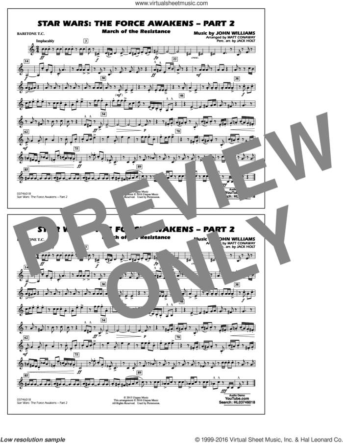 Star Wars: The Force Awakens, part 2 sheet music for marching band (baritone t.c.) by John Williams and Matt Conaway, classical score, intermediate skill level