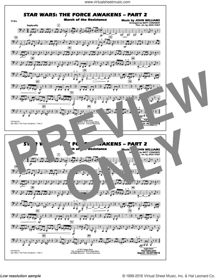 Star Wars: The Force Awakens, part 2 sheet music for marching band (tuba) by John Williams and Matt Conaway, classical score, intermediate skill level