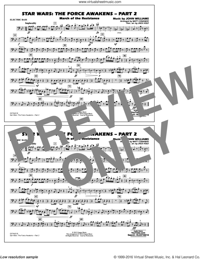 Star Wars: The Force Awakens, part 2 sheet music for marching band (electric bass) by John Williams and Matt Conaway, classical score, intermediate skill level