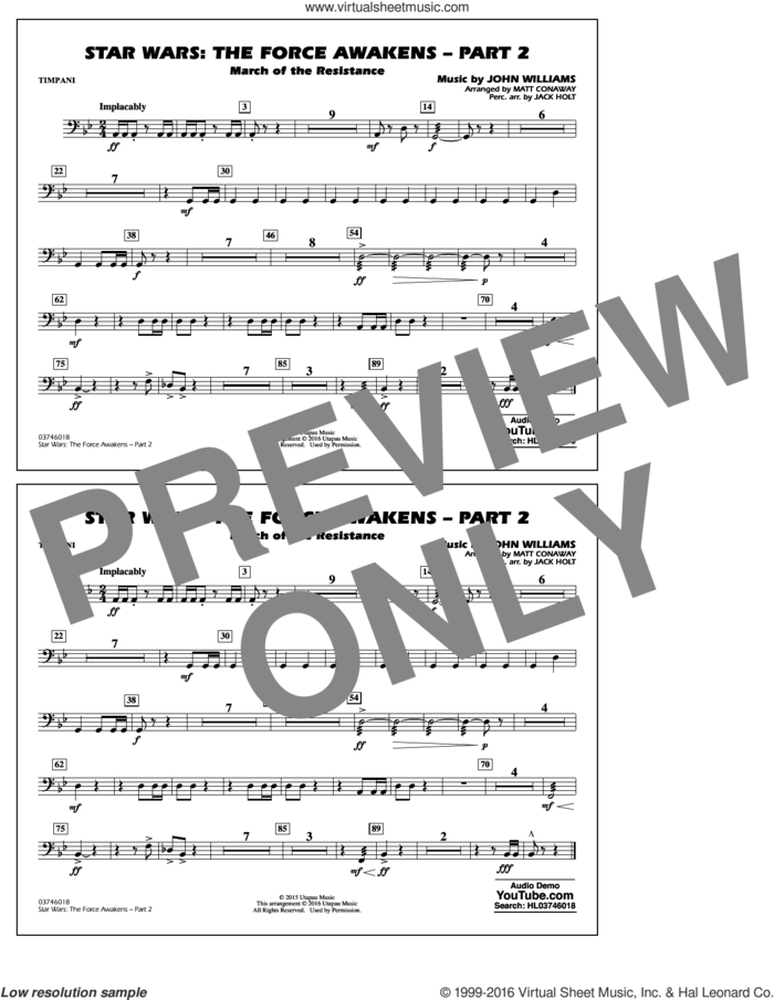 Star Wars: The Force Awakens, part 2 sheet music for marching band (timpani) by John Williams and Matt Conaway, classical score, intermediate skill level
