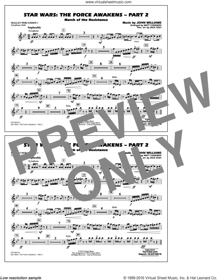 Star Wars: The Force Awakens, part 2 sheet music for marching band (mallet percussion 1) by John Williams and Matt Conaway, classical score, intermediate skill level