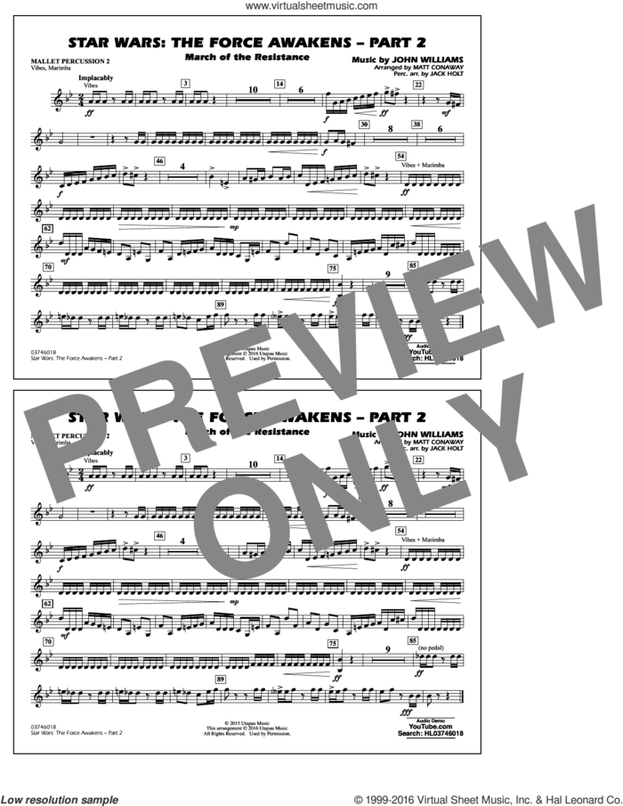 Star Wars: The Force Awakens, part 2 sheet music for marching band (mallet percussion 2) by John Williams and Matt Conaway, classical score, intermediate skill level