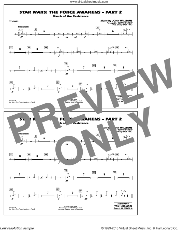 Star Wars: The Force Awakens, part 2 sheet music for marching band (cymbals) by John Williams and Matt Conaway, classical score, intermediate skill level
