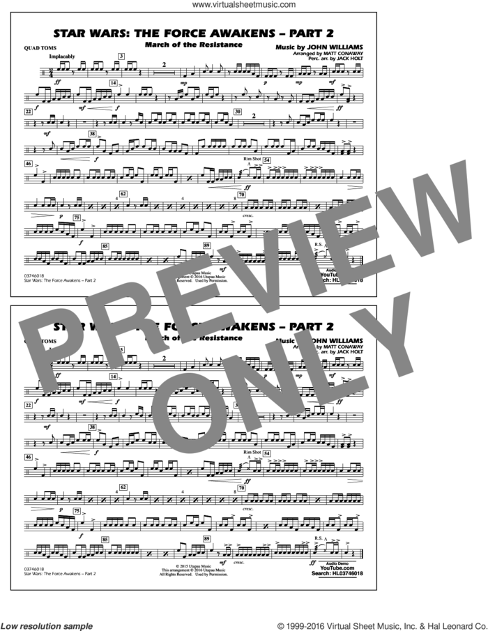 Star Wars: The Force Awakens, part 2 sheet music for marching band (quad toms) by John Williams and Matt Conaway, classical score, intermediate skill level